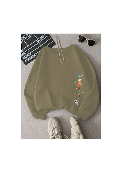 Tarzsokak Astronot Ve Gezegen Baskılı Üç İplik Ünisex Oversize Sweatshirt Bej