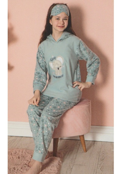 Tarık Kız Çocuk Uzun Kollu Kapşonlu Polar Kışlık Pijama Takımı Turkuaz