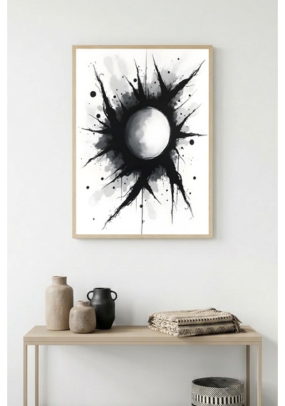 Doğal Ahşap Çerçeveli Soyut Siyah-beyaz Desenli Tablo - Minimal Huhu1184