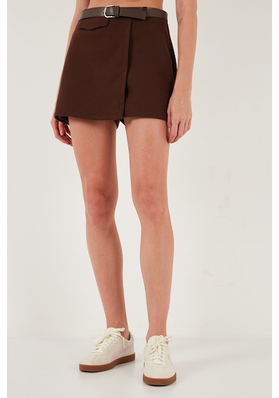 Lela Pamuk Karışımlı Relaxed Fit Yüksek Bel Mini Boy Bayan Şort Etek 611Sr0037 Kahve