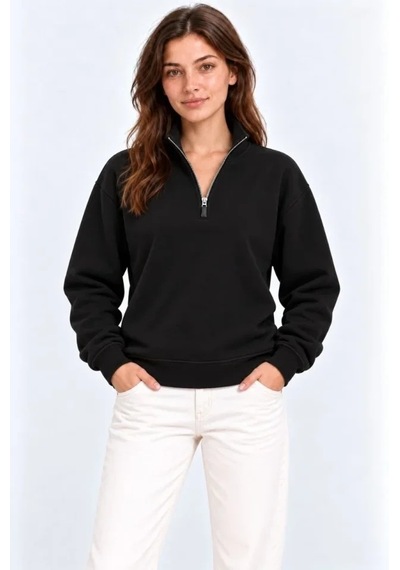 DefyModa Üç İplik İçi Şardonlu Dik Yaka Yarım Fermuarlı Kışlık Sweatshirt - Siyah