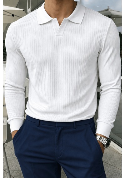 Genius Store Erkek Polo Yaka Kazak Fitilli Anti Pilling Tüylenme Yapmaz Regular Fit Erkek Triko Kazak Pyaka-kzk Beyaz