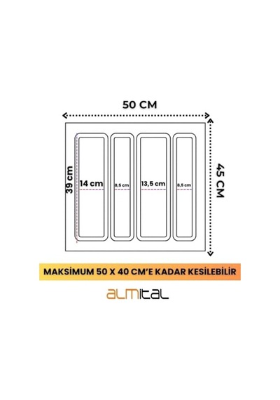 50x45 Cm. 4 Gözlü Antrasit Çekmece İçi Kepçelik 50x40 Cm'e Kadar Kesebilirsiniz Diğer