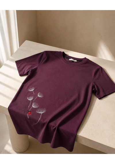 Yubistitch Tshirt Nakış İşlemeli Karahindiba- Penye- Bordo