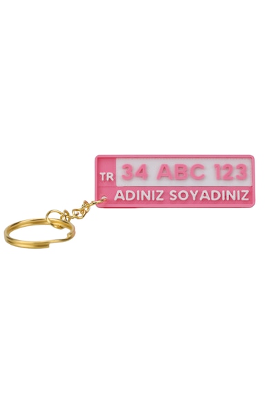 Kişiye Özel Plaka Anahtarlık Çiftli Set 2 Adet - İsimli Ve Plakalı Araç Anahtarlığı Pembe