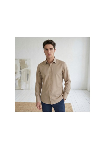 Yusaytr Slim Fit Uzun Kollu Pamuklu Gizli Düğme Yakalı Oxford Gömlek Açık Kahve Açık Kahve