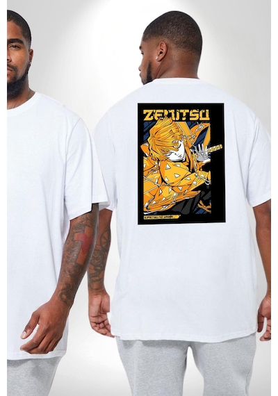 Angemiel Zenitsu Agatsuma Anime Büyük Beden Beyaz Tişört Kadın Erkek Ünisex Sırt Baskılı Beyaz