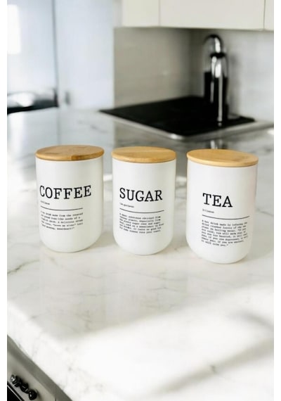 3 Lü Bambu Kapaklı Çay, Kahve, Şeker Kavanozu - Beyaz Cam Tea Sugar Coffee Saklama Seti Beyaz - Siyah