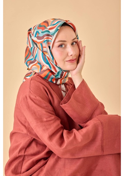 Silk Home Twill İpek Eşarp 11471-35 Kahverengi, Somon, Turuncu, Petrol Mavi, Mercan