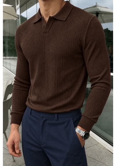 Genius Store Erkek Polo Yaka Kazak Fitilli Anti Pilling Tüylenme Yapmaz Regular Fit Erkek Triko Kazak Pyaka-kzk Kahverengi