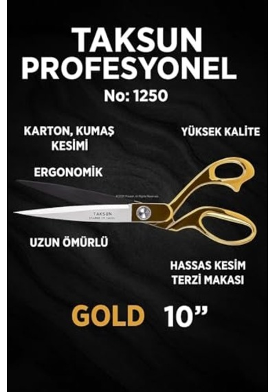 Taksun Profesyonel Makas, No.1250, Paslanmaz Çelik, Karton, Kumaş Kesimi, Ergonomik, Yüksek Kalite, Uzun Ömürlü, Hassas Kesim, Terzi Makası, Gold, 10"