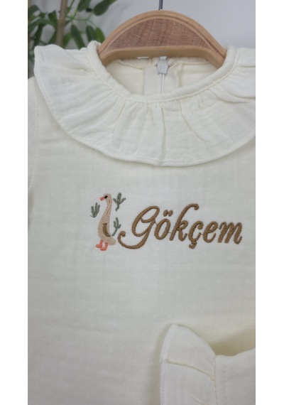 Gros Shop Müslin Yeni Doğan 4katlı Organik %100pamuk Kişiye Özgü Nakışlı Hastane Çıkış Seti Ördek Model-1 Ekru