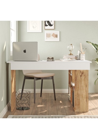 Corner Kitaplık Raflı Çalışma Masası Çam-antrasit Cor5-aw Beyaz - Çam