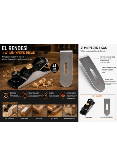 El Rendesi 41 Mm + Yedek Bıçak Seti Ayarlanabilir Ahşap Rendesi Profesyonel