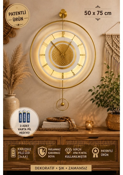 Metaquartz Aksesuar Premium Gold - Çark Pırlanta - Kırılmaz Camlı - Modern Dekoratif Metal Duvar Saati Gold