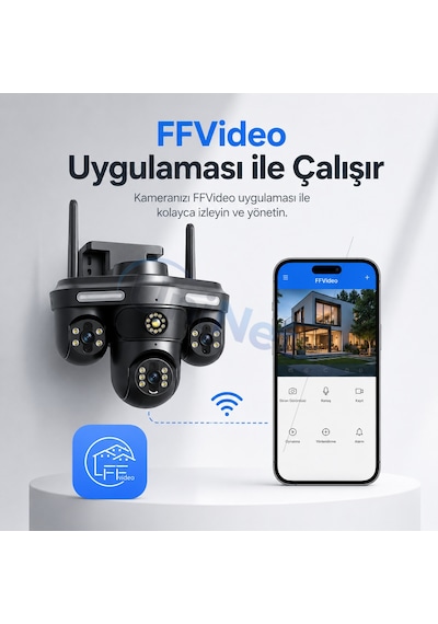 Uninet 4 Kameralı 3 Kamerası 355 Derece Dönebilen Biri Sabit Olan Wifi Güvenlik Sistemi Gece Görüşü, Çift Yönlü Ses Ve Uzaktan Izleme Özellikli Ip Ptz Kamera