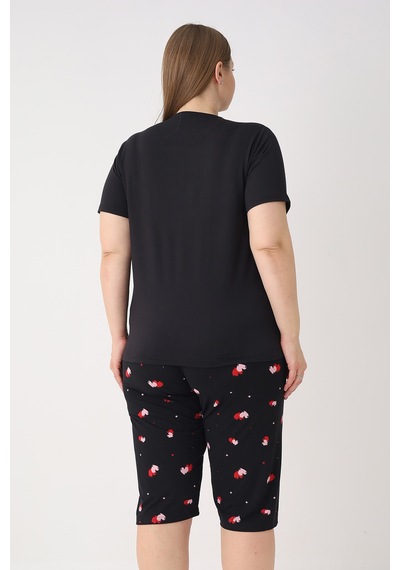 Remsa Büyük Beden Kadın Kısa Kol Kaprili Pijama Takımı 26080 Siyah
