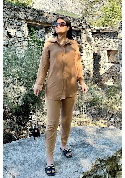 Latte Renk Cep Detaylı Gömlekli Alt Üst Takım Latte