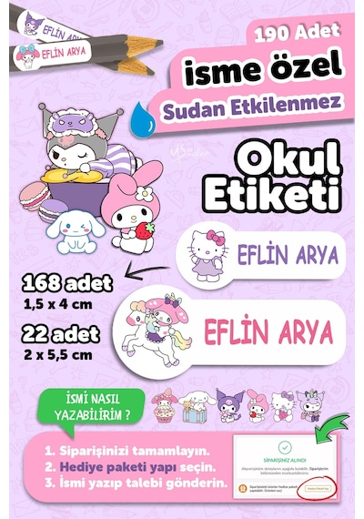 Okul Etiketi Kalem Defter İsimli Etiket Isim Yazılabilen Kawai - 190 Adet Özel Tasarım Etiket Çok Renkli