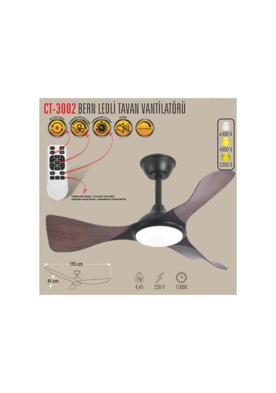 Ct-3002 Bern Sessiz Ahşap Kanatlı Led Işıklı Tavan Vantilatörü Kumandalı - 3 Renk Işık - Şık Tasarım