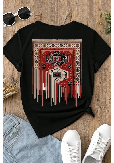 Spoyi Bohem Kilim Tasarımlı %100 Pamuk Yarım Oversize Siyah T-lhirt