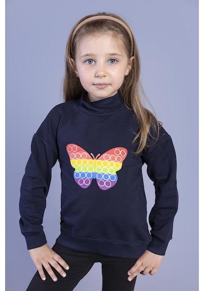 Toontoy Kız Çocuk Relax Fit Yarım Balıkçı Yaka Baskılı Sweatshirt - 2 İplik Lacivert