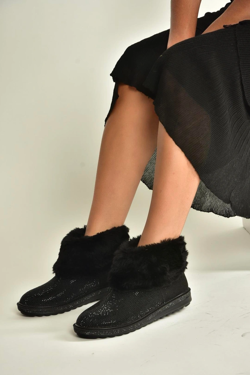 Fox Shoes V250014702 Siyah Süet Tüylü Kadın Bot Siyah-Süet