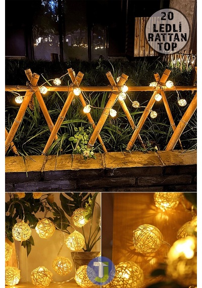 Technojet Dekoratif Rattan Model Fişli Şerit Top Led Yılbaşı Parti Doğum Günü Süsleme 20'li Sarı