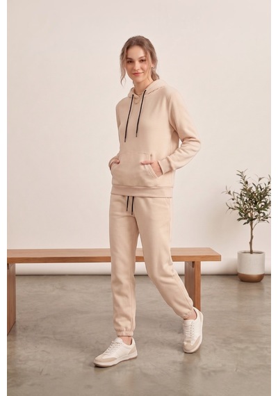 Moibody Kadın 3 İplik Şardonlu Eşofman Takımı Premium Kapüşonlu Sweatshirt Ve Jogger Alt Krem Krem
