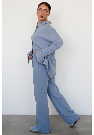 Madmext Mavi Basic Kadın Gömlek Pantolon Takım Mg2461 Mavi