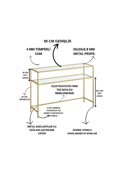 Modern 2 Katlı Gold Renk Metal İskeletli Şeffaf Temper Camlı Raf Dresuar Konsol