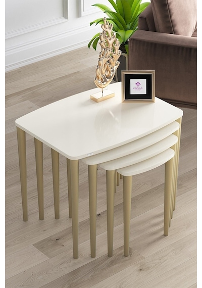 Canisa Concept Anka Serisi Mdf 4'lü Zigon Sehpa Takımı Sehpalar Krem Ayakları Altın Rengi