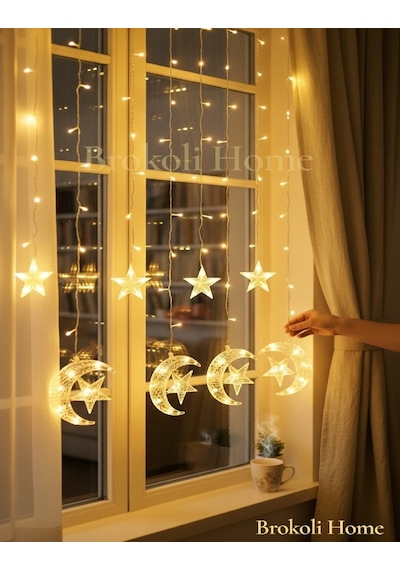 Ay Yıldız Perde Led 8 Mod Ramazan Led Işık Gün Işığı Ramazan Süsleme Led Aydınlatma Ramazan Işık Gün Işığı