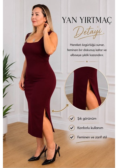 Kadın Bordo Kare Yaka Kalın Askılı Yırtmaç Detaylı Midi Kalem Elbise Bordo