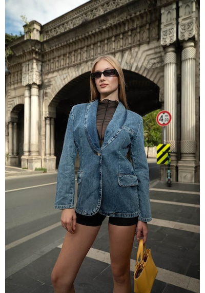 Banny Jeans Kadın Uzun Kollu Tek Düğmeli Jean Ceket Mavi Mavi Xl