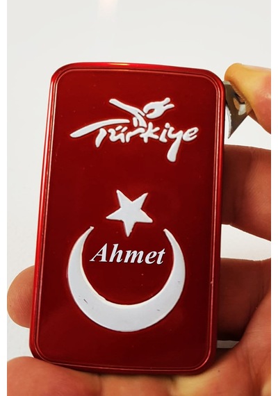 Kişiye Özel İsimli Kırmızı Türk Bayrağı Çakmak Aynalı Çakmak Türkiye Ay Yıldız Kırmızı
