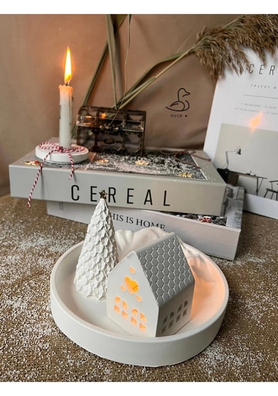 Dağ Görünümlü Tabak Çukur Ev Şeklinde Tealight Mumluk Çam Ağacı Dekor Set