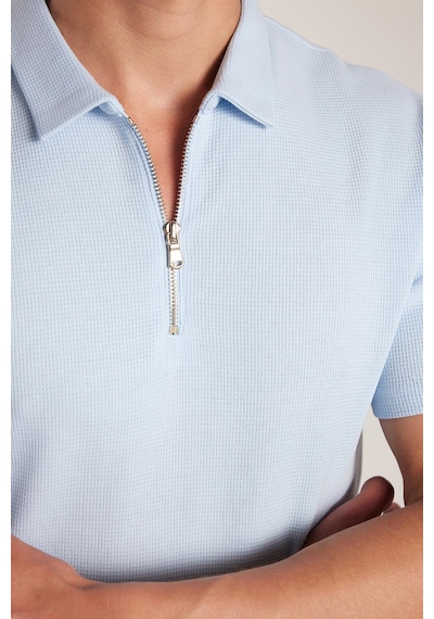 Tudors Erkek Slim Fit Dar Kesim %100 Pamuk Fermuarlı Mavi Polo Yaka Tişört-33771 Mavi