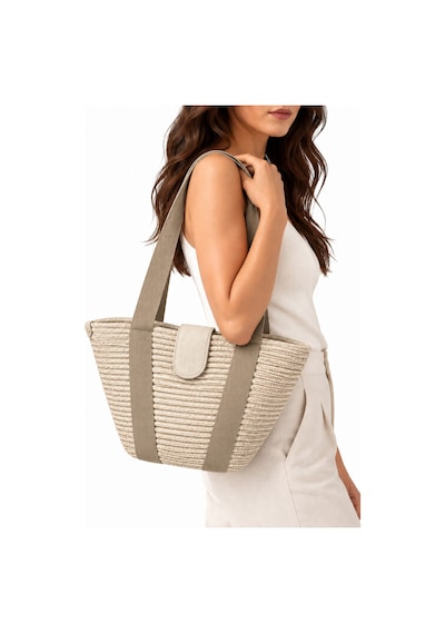 Levano Leather Kadın Hasır Tote Omuz Çantası Deri Detaylı Geniş İç Hacimli Günlük Yazlık Çanta 38x28 Cm Ekru