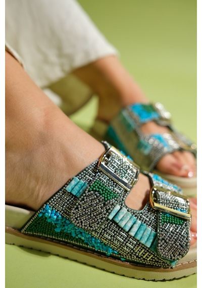 Luvishoes Lanso Yeşil Taşlı Çift Bantlı Kadın Terlik Yeşil