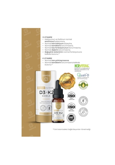 Erbatab D3 K2 İkisi Bir Arada Damla Vitamin 20 ML