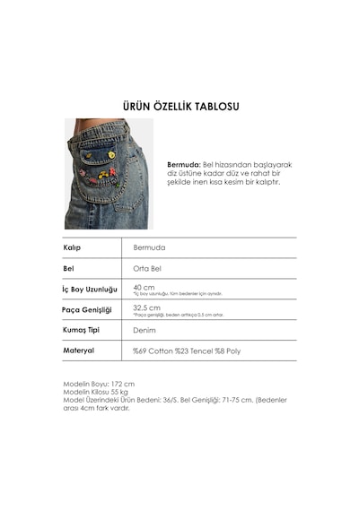Kadın Kot Renk 4w6-31 Baggy Bermuda Icon Detaylı Tasarım Şortolon Çok Renkli