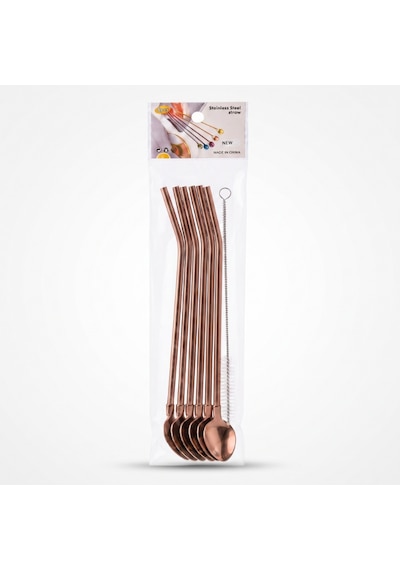 6'lı Kaşıklı Pipet Seti - Bronz - Pipet Temizleme Fırçası Çok Renkli