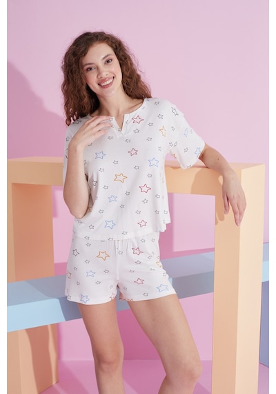 Siyah İnci Likralı Örme T-shirt-şort Pijama Takım 7809 Beyaz Yıldız
