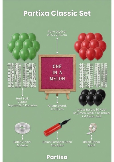 Karpuz Temalı 1 Yaş Doğum Günü Süsleme Classic Set Koyu Fuşya Keçe Yazı Panosu Standlı Balon Zincirli Meyve Seti 87163840