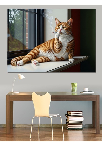 Kedi Güneşli Pencere Kenarı Dekoratif Kanvas - Mdf Ahşap Tablo