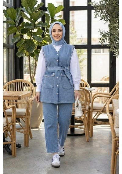 Hb Harma Time Butik Kadın Taş İşlemeli Kuşaklı Yelek-pantolon Açık Kot Mavi İkili Takım Açık Mavi