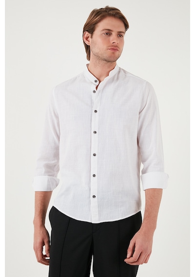 Buratti Keten Görünümlü Pamuklu Regular Fit Hakim Yaka Erkek Gömlek Cf25S112637 Beyaz