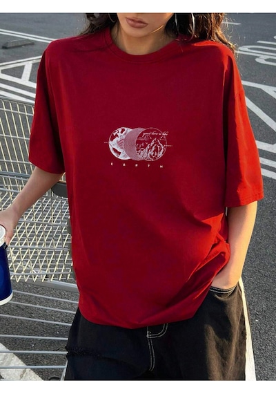 Uyguntarz Unisex Earth Baskılı Tasarım Tshirt Kırmızı