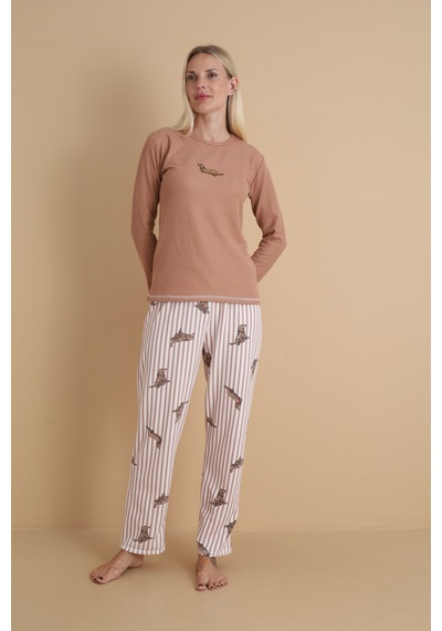 Wordex Mırano 3103 Waffle Soft Kumaş Köpek Desenli Kışlık Ev Kadın Pijama Takımı Vizon